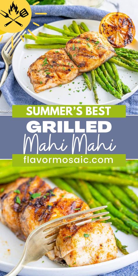 This is Summer's Best Grilled Mahi Mahi Recipe. Grilled Mahi Mahi is a deliciously seasoned, mild-tasting white fish filet with a smoky grilled flavor, that is super easy to make, and can be ready in 20 minutes! You can feel good about serving Mahi Mahi as it is a lean protein with plenty of potassium and Vitamin B. It has a firm texture with a large flake, which means it can stand up to grilling without falling apart very easily. Good Healthy Fish Recipes, Grilled Maui Maui Fish Recipes, Mahi Mahi On Blackstone, Best Way To Cook Mahi Mahi, White Fish Marinade Recipes, Mahi Mahi Dinner Recipes, Mahi Mahi Blackstone, Grilled Mahi Mahi Recipes Simple, How To Season Mahi Mahi Fish