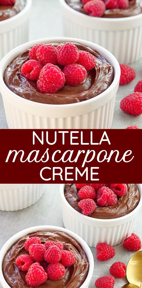 Mascarpone Nutella Creme - more than just a mousse, this is a rich, thick and decadent nutella dessert made with mascarpone cheese. One bowl, no mixer required and make ahead! Perfect for entertaining at your next dinner party, or just an indulgent treat. Make your calories worth it! #chefnotrequired #makeaheaddessert #dinnerpartydessert #mascarpone #nutellarecipes Nutella Mousse Recipe, Recipes With Mascarpone Cheese, Nutella Mousse, Cheesy Baked Chicken, Mascarpone Recipes, Mousse Mascarpone, Mascarpone Dessert, Baked Pesto Chicken, Chicken Pesto Recipes