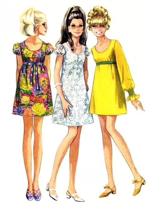 1960s fashion Empire Line Baby Doll Dresses '60's fashion was as much about the hair as the clothes! made one of these for home economics class. 60s Dress Pattern, Baby Doll Dresses, 70s Mode, Dresses 60s, Fashion Empire, Patron Vintage, 1960 Fashion, Fashion 1960s, Doll Dress Patterns