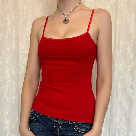 Y2K 2000s Ruby Red Dainty Cami #2k #2kfashion #2000s#2000sfashion #summer2023 Red Cami Top Outfit, Red Tank Top Outfit Y2k, How To Style A Red Tank Top, Dark Red Tank Top Outfit, Red Tank Top Outfit Summer, 2000s Tops Aesthetic, Red Spaghetti Strap Top Outfit, Red Cami Outfit, Deadpool Sona