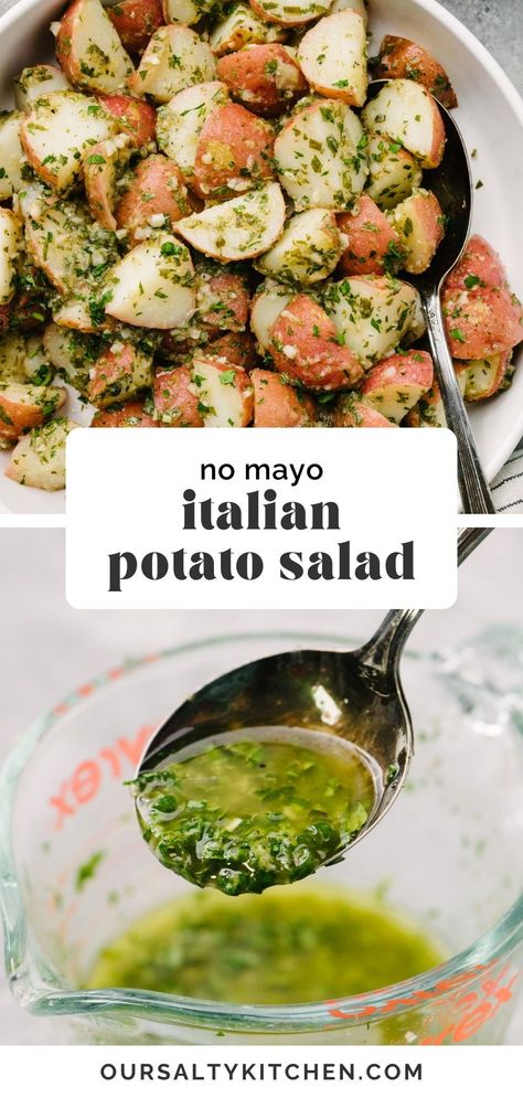 You won't miss the mayo once you try this classic Italian Potato Salad. Baby red potatoes are tossed with a bright and fresh herb vinaigrette to make this intensely flavored no-mayo potato salad. This is a quick potato salad recipe that's ready in 30 minutes using simple, fresh, whole food ingredients. And since it's dairy free and mayo free, it's a perfect room temperature side dish for potlucks, picnics, and summer gatherings. #potatosalad #nomayopotatosalad #vegan #dairyfree #sidedishes Potato Salad Easy, Small Potato Salad Recipe, Taco Potato Salad, Summer Potatoes, Dairy Free Pot Luck Dishes, Potato Salad No Mustard, Summer Potato Salad Recipes, Potatoes Salad Recipes, Potato Salad Dressing Recipe