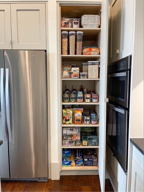 Small Pantry Beside Refrigerator, Pantry Design Small Spaces, Shelves Next To Fridge, Realistic Pantry, Pantry Cupboard Designs, Utility Pantry, Shallow Pantry, Meadow Cottage, Refrigerator Ideas