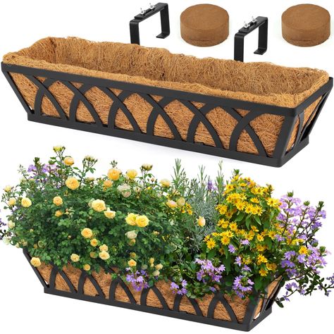 PRICES MAY VARY. STRONG BUT LIGHT: These deck railing planters are made from strong black metal wtih powder coating to prevents it from rusting and suitable for indoors & outdoors. It is sturdy and suitable for real, live or artificial (fake or faux) plants, especially great for planting vegetable, fruits like strawberry, herbs and spice. NATURAL COCO WIRE BASKET: Coir wire Basket are made from 100% natural and Eco friendly coir fibers with 100% natural latex .These baskets can be used as decora Fall Hanging Basket Ideas, Hanging Planters Outdoor, Decorative Hanging Baskets, Porch Fence, Deck Railing Planters, Window Box Plants, Balcony Planters, Railing Planters, Railings Outdoor