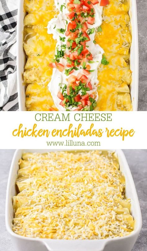 Cream cheese chicken enchiladas are thick and creamy with a touch of spice. They prep in minutes for a favorite weeknight dish! #chickenenchiladas #creamcheesechickenenchiladas #enchiladas #mexicandish Creamy Salsa Verde Chicken, Creamy Salsa Verde, Verde Chicken Enchiladas, Enchiladas Beef, Belle Of The Kitchen, Salsa Verde Chicken Enchiladas, Enchiladas Chicken, Cream Cheese Chicken Enchiladas, Creamy Salsa