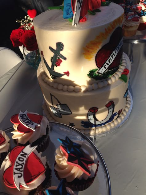 Sailor Jerry tattoo baby shower cake Traditional Tattoo Baby, Tattoo Baby Shower, Twins Tattoo, Sailor Jerry Rum, Sailor Jerry Tattoo, Rock Baby Showers, Tattoo Party, Jerry Tattoo, Tombstone Az