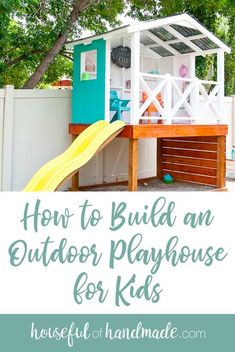 Pallet Playhouse With Slide, Playhouse Slide Diy, Playhouse Blueprints, Diy Play Fort Outdoor, Homemade Playhouse, Platform Playhouse Diy, Diy Outdoor Fort, Diy Playset, Diy Slide