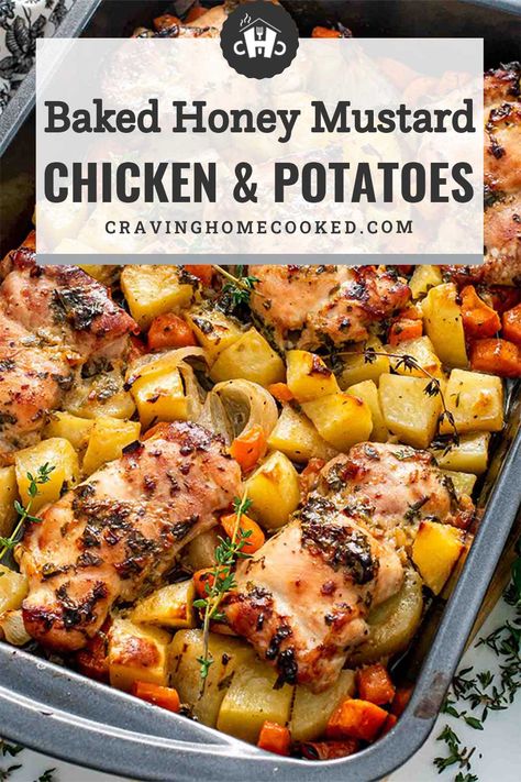 This tangy, sweet, Baked Honey Mustard Chicken with Potatoes is an easy one-pan healthy dinner that the whole family will love! #baked #honeymustard #chicken #potatoes #recipe Maple Mustard Chicken And Potatoes, Honey Mustard Chicken Potatoes, Dinner With Golden Potatoes, Honey Mustard Chicken Casserole, Baked Honey Mustard Chicken With Potatoes, Honey Mustard Chicken Sheet Pan Dinner, Healthy Potato And Chicken Recipes, Chicken And Yellow Potatoes Recipes, Dijon Mustard Chicken And Potatoes