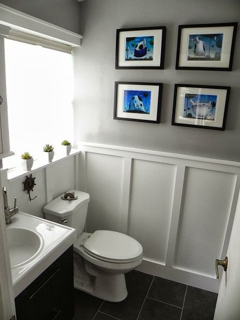 row of small plants along bath window.  Can use white bowls w/dried tightly packed grasses/flowers Wainscoting Bathroom, Wainscoting Styles, Downstairs Bathroom, Bathroom Redo, Main Bathroom, Bath Room, Bathroom Renos, Bath Remodel, Traditional Bathroom