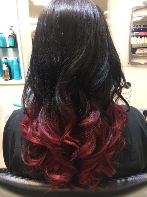 Here's our finished look! We love what has been achieved! We started off as a very dark brunette, we applied our colour through the mid length ends, and created our lovely soft ombré effect. We love how the colour fades from dark to red! After we lifted our hair to copper, we applied our Impact Red, which has given Hayley her bright red look. At the back wash we finished off using our Fire Red Fard, to enchance our red tone. Which is also great to use at home to help maintain our colour! Ends Of Hair Dyed, Red Hair Ends, Hairstyle At Home, Cola Hair, Fire Red Hair, Cherry Cola Hair, V Shape Hair, Short Dyed Hair, Cherry Red Hair