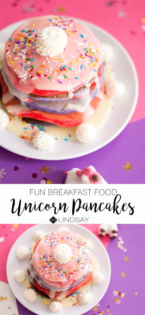 How to Make Unicorn Pancakes | Unicorn Pancake Recipe | seeLINDSAY Unicorn Birthday Party Food Dinner, Unicorn Waffles, Princess Pancakes, Unicorn Pancakes, Bachelorette Brunch, Unicorn Party Food, Pancake Party, Creative Wedding Cakes, Birthday Breakfast