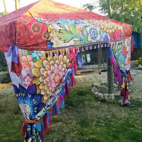 Pop Up Gazebo Decorating Ideas, Pop Up Canopy Decorating Ideas, Music Festival Vendor Booth Ideas, Boutique Pop Up Shop Tent, Bohemian Fabric For Festivals, Music Festival Tent Set Up, Boho Bell Tent, Upcycle Tent Fabric, Cheap Gazebo