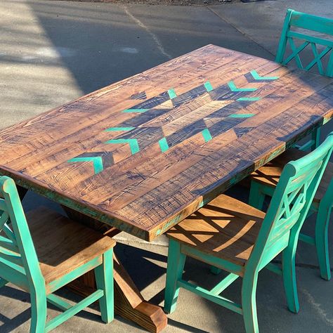 Handmade Custom Dining Room Table Rockin Cross Ranch Scrapwood Project Diy, Ranch House Dining Room, Western Dining Table, Boho Kitchen Table, Blue Kitchen Tables, Ranch Table, Rustic Painted Furniture, Camper Mods, Decoupage Table