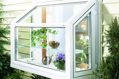 Exterior view of Simonton garden window Kitchen Window Box Over Sink, Kitchen Garden Greenhouse Window, Green House Windows Kitchen, Garden Window, Diy Garden Window, Greenhouse Window Kitchen, Greenhouse Window Kitchen Decor, Kitchen Garden Window Over Sink, Garden Window Kitchen