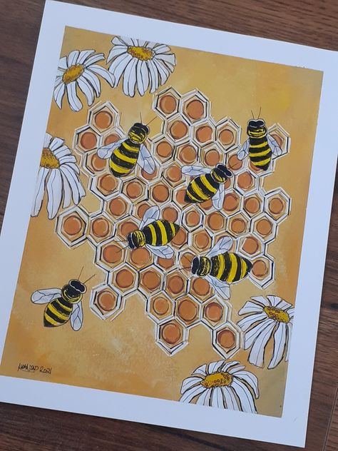 Honey Bee Hive Drawing, Honeycomb Painting Acrylic, Honeycomb Painting, Bee Acrylic Painting, Honeycombs Drawings, Easel Ideas, Kitchen Paintings, Stamp Drawing, Honeybee Art