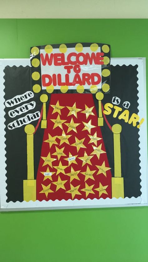 Red carpet themed bulletin board. #bulletin #board #red #carpet #theme #elementary #school #first #grade #scholar #stars #Hollywood #cinema #drama #action #comedy #celebrity #yellow #welcome #back #to #school #movie Red Carpet Bulletin Board Ideas, Hollywood Bulletin Board Ideas, Hollywood Bulletin Board, Back To School Movie, Pta Membership, Hollywood Theme Classroom, Fourth Grade Writing, Red Carpet Theme, Stars Classroom