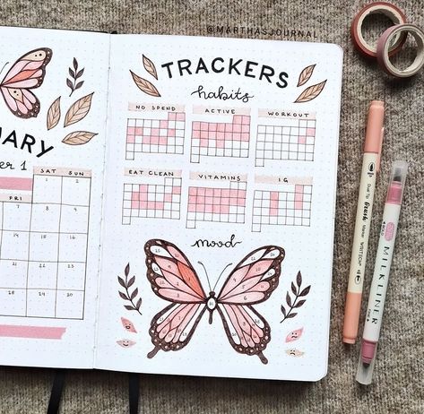 To Do List Journal Ideas, Butterfly Mood Tracker, Mood Tracker Aesthetic, Buju Ideas, Habit And Mood Tracker, Bujo Design, Journal D'inspiration, Bullet Journal Month, Tracker Ideas