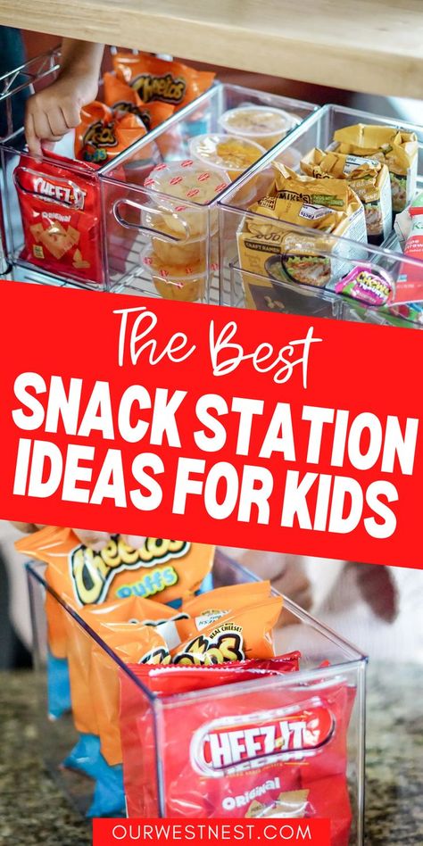 Here's how to make a DIY snack station for kids! I share the best snack organization ideas to create a snack station for pantries, small spaces, and even in a snack cart that you can put in your basement or playroom. You'll find the best snack organizer products that are affordable and perfect to house all your snacks for kids and snacks for toddlers. School Lunch Station Ideas, Grab And Go Snack Station, Kid Snack Organization Ideas, Bulk Snack Storage Ideas, Snack Area In Kitchen, Self Serve Snacks For Kids, Work Snack Station, Snack Organization Ideas Small Space, Kids Snack Organization