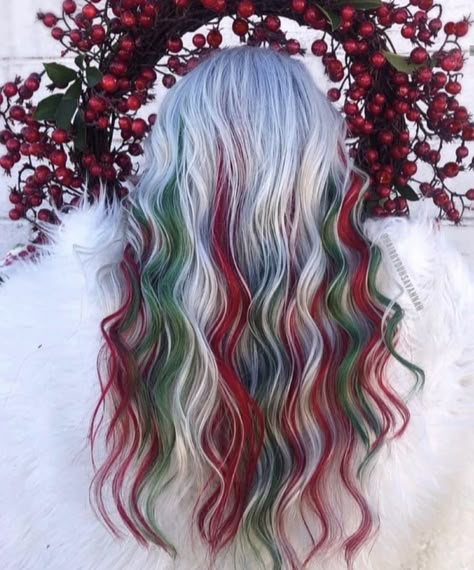 Vivid Halo Hair, Christmas Hair Color Ideas For Blondes, Hair Color For Short Hair Pixie, Fantasy Hair Color Ideas, Fall Vivid Hair Color, Red And Green Hair, Halloween Hair Color, Holiday Hair Color, Xmas Aesthetic