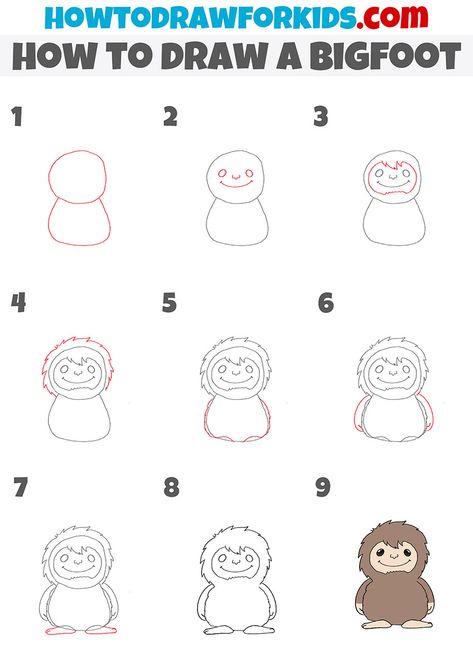 how to draw a bigfoot step by step How To Draw Bigfoot Easy, Bigfoot Art Drawings, Bigfoot Coloring Pages, Bigfoot Cartoon Drawing, Bigfoot Sketch, Cartoon Bigfoot, Holly Drawing, Bigfoot Drawing, Draw Challenge