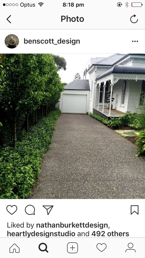 Driveway Along Side Of House, Carport Landscaping, Box Hedge Border Front Garden, Driveway Landscaping Australian, Hamptons Front Garden, Side Of Driveway Landscaping, Hamptons Landscaping, Cottage Backyard, Vertical Garden Wall