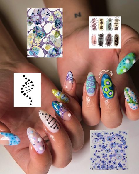 science & dna inspired 🧬 🧫 @sydneygabbard inspired by some random stuff from Pinterest! (natural nails, luminary) • products: @luminary_nail_systems - clarity @functionofvex (code AMBZ 10) - 12mm liner brush @miasecret - blooming gel - clear acrylic • #nailsnailsnails #explorepage #explorenails #nailtech #tempeaznails #tempeaznailtech #gelx #gelxnails #naildesigns #trendynails #springnails #summernails Pharmacy Nails Design, Biology Nail Art, Science Themed Nails, Science Nails Designs, Biology Nails, Chemistry Nails, Dna Nails, Math Nails, Medical Nails