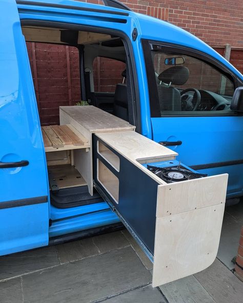 Pull out campervan kitchen with cooker and drawer storage. Made from birch plywood Transit Connect Camper, Camper Van Kitchen, Small Camper Vans, Caddy Camper, Vw Caddy Maxi, Van Kitchen, Kangoo Camper, Minivan Camper Conversion, Caddy Van