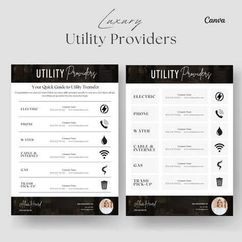 "Utility Providers List Flyer, Real Estate Marketing, Real Estate Utility Information Sheet, New Client Welcome Packet, Closing Flyer, Editable Template, Canva, Instant Download 1 page 8.5 x 11\" US LETTER SIZE ✓ INSTANT DOWNLOAD ✓ EASY TO EDIT ✓ NO CANVA PRO NEEDED ✓ CUSTOMER SUPPORT ✓ LIFETIME ACCESS Luxury Kit: www.etsy.com/listing/1512117021 REAL ESTATE TEMPLATE BUNDLE: (%70 OFF) https://www.etsy.com/listing/1258135704/real-estate-social-media-templates?ref=listings_manager_grid" Listing Packet Real Estate, Buyers Packet Real Estate, New Client Welcome Packet, Event Checklist, Client Welcome Packet, Flyer Real Estate, Real Estate Business Plan, Real Estate Marketing Strategy, Real Estate Infographic