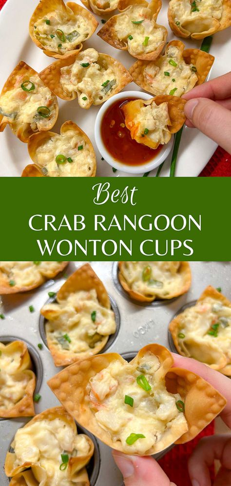 Crab Rangoon Wonton Cups Crab Rangoon Muffin Tin, Seafood Wonton Cups, Wonton Wrapper Cups Appetizers, Cranberry Brie Wonton Cups, Shrimp Phyllo Cup Appetizers, Crab Wonton Cups, Carb Rangoon Recipe, Wonton Crab Rangoon, Baked Crab Rangoon Recipe