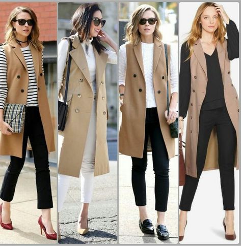 Chic Vest Outfits For Women, Brown Long Vest Outfit, Vest Overcoat Outfit, Work Attire Women 2023, Beige Vest Blazer Outfit, Long Tan Vest Outfits For Women, Blazer Vest Outfits For Women Fall, Sleeveless Blazer Outfit Fall, Blazer No Sleeves Outfit