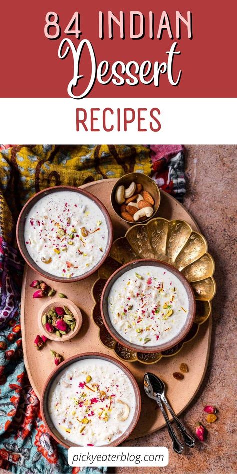 Add some flavor and creativity to your desserts with these 84 Indian dessert recipes! From traditional Indian desserts to sweet Indian dishes and even spicy Indian treats, this list covers all the best Indian dessert recipes. Low Sugar Dessert Recipes, Indian Recipes Vegetarian, Peda Recipe, Easy Indian Dessert, Indian Vegetarian Dishes, Vegetarian Treats, Kulfi Recipe, Healthy Dessert Recipes Easy, Kheer Recipe