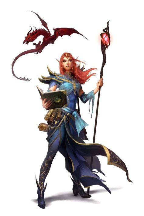 Female Elf Wizard with Staff and Familiar - Pathfinder PFRPG DND D&D 3.5 5E 5th ed d20 fantasy Staff Pose Reference, Weiblicher Elf, Elf Wizard, Staff Magic, Wizard Robes, Female Elf, High Elf, Dungeons And Dragons Characters, Concept Art Character