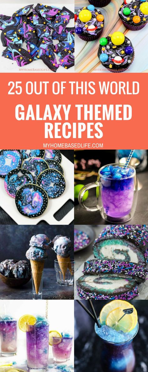 Space Themed Desserts, Space Party Food, Galaxy Food, Galaxy Desserts, Galaxy Birthday Party, Galaxy Birthday, Galaxy Cake, Themed Recipes, Galaxy Party