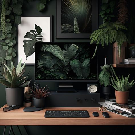 Transform Your Workspace with the Power of Green! #ModernDesktops #IndoorPlants #GreeneryGoals" Dark Green Workspace, Green Studio Aesthetic, Black And Green Desk Setup, Dark Aesthetic Office Decor, Green And Black Pc Setup, Green And Black Home Office, Dark Office Inspiration, Black Office With Plants, Workspace With Plants