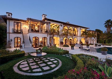 Mexican Mansion, Montecito California, Mediterranean Mansion, Mediterranean Landscape, Mansion Exterior, Mediterranean Style Home, Mediterranean Landscaping, Wood Pergola, Spanish House