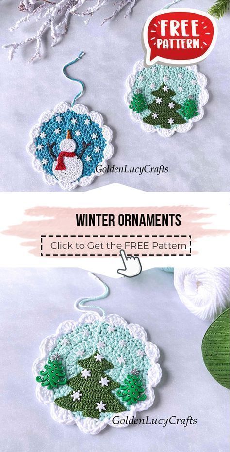 Crochet Snowman Ornament, Crochet Christmas Coasters Free Patterns, Crochet Ornaments Free Pattern, Crochet Miniatures, Xmas Crochet, Holiday Crochet Patterns, Crochet Christmas Ornaments Free, Crochet Ornament Patterns, Crocheted Christmas