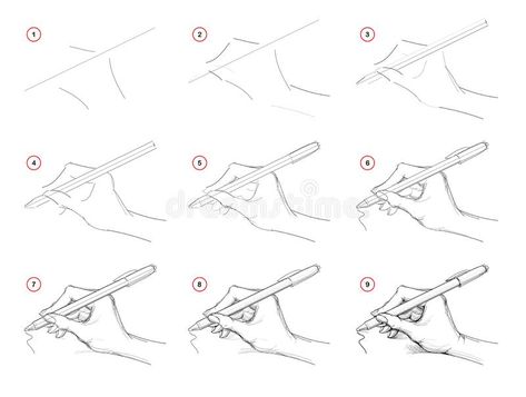 How to draw step-wise imaginary sketch of a hand writing with a pen. Creation step by step pencil drawing. stock illustration Person Writing Drawing, Person Writing Drawing Reference, Step By Step Sketches, Hands Tutorial, Types Of Pencils, Alice In Wonderland Drawings, Draw Hands, How To Draw Steps, Nature Sketch