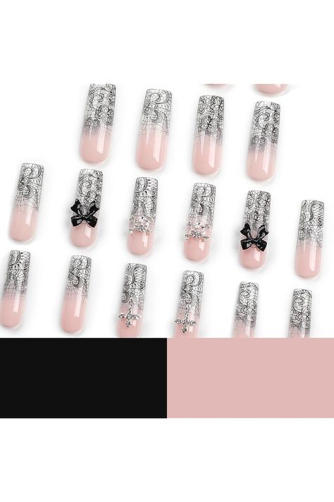 MISUD Press on Nails Long Square Fake Nails Glossy Glue on Nails Black Lace Acrylic Nails Luxury Cross Rhinestone Artificial Nails Squoval False Nails with Bow Design 24 pcs Lace Acrylic Nails, Nails With Bow Design, Nails Squoval, Nails Long Square, Nails Luxury, Press On Nails Long, Nails Glossy, Nails Black, Nails Long