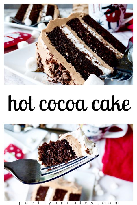 Hot Cocoa Cake — Poetry & Pies Christmas Cake Flavors Holidays, Hot Cocoa Buttercream, Cakes For December Birthdays, Hot Coco Cake Recipe, Hot Cocoa Frosting, Peppermint Hot Chocolate Cake, Christmas Flavored Cakes, December Birthday Cake Ideas, From Scratch Cake Recipes