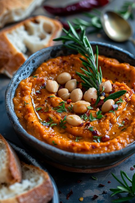 Roasted red pepper hummus garnished with chickpeas and rosemary in a bowl, served with bread slices. Spanish Roasted Vegetables, Spanish Dip Recipes, Romesco Recipes, Spanish Sauces, Romesco Dip, Mediterranean Tapas, Almond Sauce, Lime Shrimp Recipes, Romesco Sauce Recipe