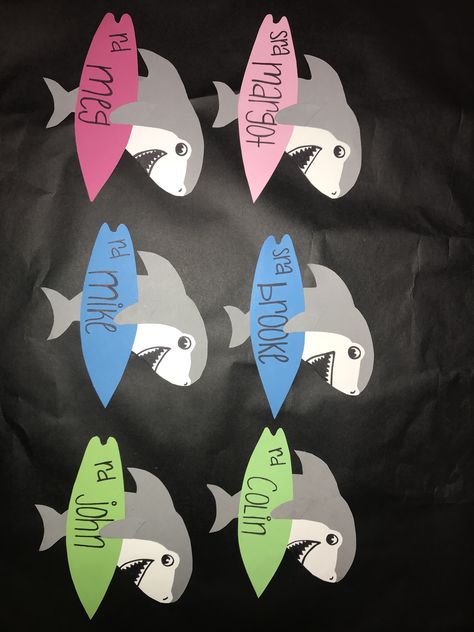 #ra #shark #college #collegedorm #doortags #nametags #reslife #residentassistant #residencelife Dorm Name Tags, Door Name Tags, Resident Assistant Door Decs, Res Life Door Decs, Dorm Bulletin Boards, Ra Door Tags, Door Decorations College, Cubby Tags, Classroom Name Tags