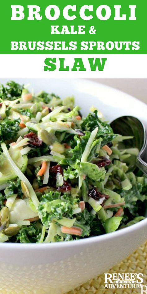 Broccoli, Kale, & Brussels Sprouts Slaw is an OUTSTANDING salad for any occasion! Crunchy broccoli, carrots, crispy kale and Brussels Sprouts, pepitas and dried cranberries all covered in a Poppy Seed dressing make this a winner! Sweet and savory, the veggies hold up to the dressing even overnight! #brusselssproutcoleslaw #brusselssprouts #slaw #coleslawwithkale #salad #easyrecipe Kale Brussel Sprout Salad, Brussel Sprouts Salad, Brussel Sprout Slaw, Salad Broccoli, Crunchy Broccoli, Kale Slaw, Crispy Kale, Broccoli Sprouts, Sprouts Salad