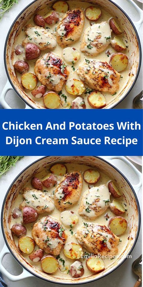 Savor the delightful combination of juicy chicken and soft potatoes, enhanced by a smooth Dijon cream sauce. This recipe makes for an easy weeknight meal that everyone will enjoy. Creamy Chicken And Potatoes, Fun Chicken Dinner Ideas, Tender Chicken Breast Recipes, Healthy Chicken Meals, Creamy Dijon Sauce, Chicken Recipe For Dinner, Dijon Cream Sauce, Craving Tasty, Creamy Dijon