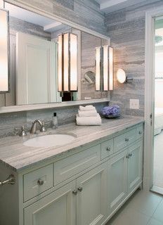 Off-center sink, long vanity, wall lights Charming Bathroom, Bathroom Lavatory, Vanity Makeover, Bathroom Vanity Makeover, Transitional Bathroom, Diy Vanity, Bathroom Counters, Diy Countertops, Sink Vanity