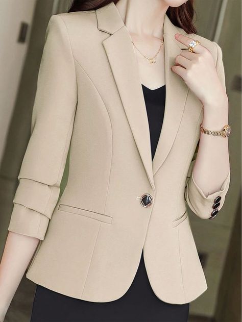 Women's Solid Color Simple Daily Long Sleeve Blazer Jacket Apricot Elegant  Long Sleeve Woven Fabric Plain Regular Non-Stretch  Women Clothing, size features are:Bust: ,Length: ,Sleeve Length: Blezars For Women Outfit, Formal Jackets For Women, High Collar Shirts, Trendy Blazers, Girls Attire, Corporate Uniforms, Chic Blazer, Ladies Blazer, Stylish Blazer