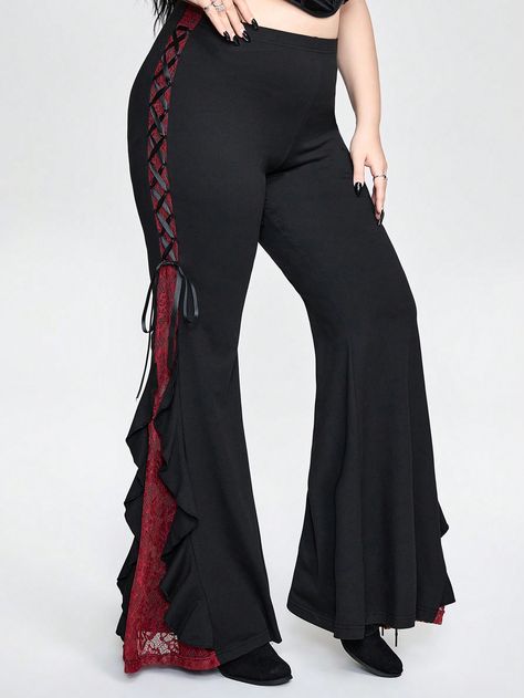 Plus Size Women Dark Punk Color Block Lace Patchwork Ribbon Bow Bell Bottom Trousers Black Elegant   Knitted Fabric Colorblock,Halloween,Plain Flare Leg Medium Stretch  Women Plus Clothing, size features are:Bust: ,Length: ,Sleeve Length: Gothic Bell Bottoms, Goth Bell Bottoms, Pantalon Campana Outfits, Victorian Trousers, Flared Black Pants, Garter Pants, Punk Plus Size, Goth Plus Size, Flare Black Pants