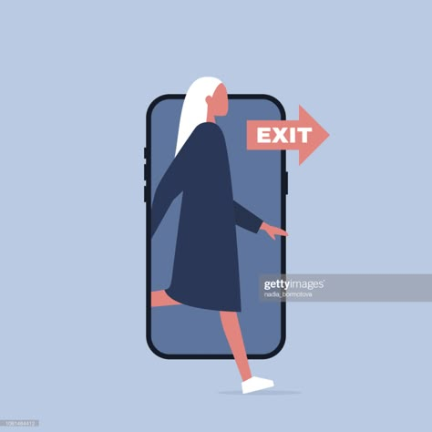 stock illustration : Digital detox. Young female character stepping out of the mobile phone screen. Modern lifestyle. Millennial user. Flat editable vector illustration, clip art Phone Illustrations, Mobile Phone Illustration, Recycling Illustration, Steps Illustration, Step Illustration, Mobile Illustration, Phone Illustration, Mobile Phone Design, Mobile Phone Shops