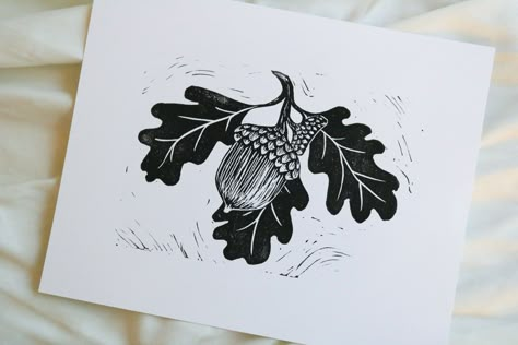 Acorn Handmade Linocut Print 8x10 Print, frames available in black, white, and natural wood Each print is hand-printed - slight variations may occur between prints Holly Print, Lino Art, Print Block, Linocut Art, Fabric Stamping, Fall Prints, Pumpkin Print, 8x10 Print, Lino Print