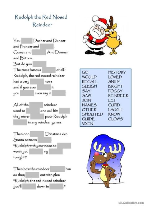 Rudolph the Red Nosed Reindeer song…: English ESL worksheets pdf & doc Reindeer Song, Nursery Rhymes Activities, Song English, Red Nose Reindeer, Rhyming Activities, Rudolph The Red Nosed Reindeer, Listening Comprehension, English Story, Christmas Messages