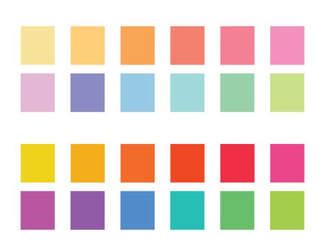 12 color palette in vibrant rainbow colors and coordinating pastel version of the same set. Great reference for illustration or graphic design projects. #colorpalette #color #palette #design #graphicdesign #pastel #rainbow #colorset #reference 12 Color Rainbow Palette, Rainbow Color Palette Pastel, 12 Colour Palette, Multi Color Palette, Pastel Rainbow Colour Palette, Color Palette 12 Colors, Rainbow Pastel Color Palette, Modern Rainbow Color Palette, Colour Palette Rainbow