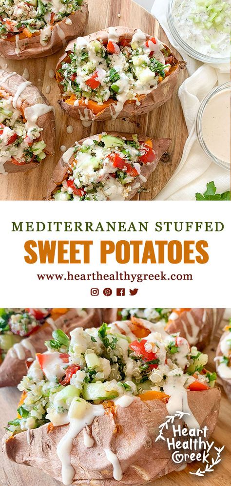 Mediterranean Main Course, Stuffed Sweet Potatoes Healthy, Healthy Main Course Recipes, Sweet Potatoes Meals, Healthy Stuffed Baked Potatoes, Sweet Potato Toppings Healthy, Sweet Potato Main Dish Recipes, Healthy Stuffed Sweet Potato, Healthy Stuffed Sweet Potato Recipes